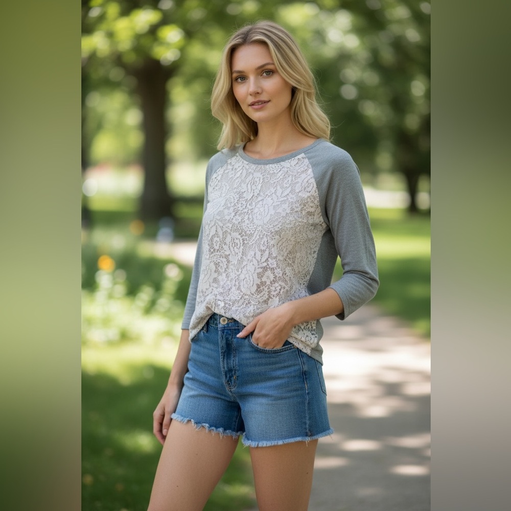 Market & Spruce Bernadette Lace Overlay Raglan Top, lace baseball tee size small